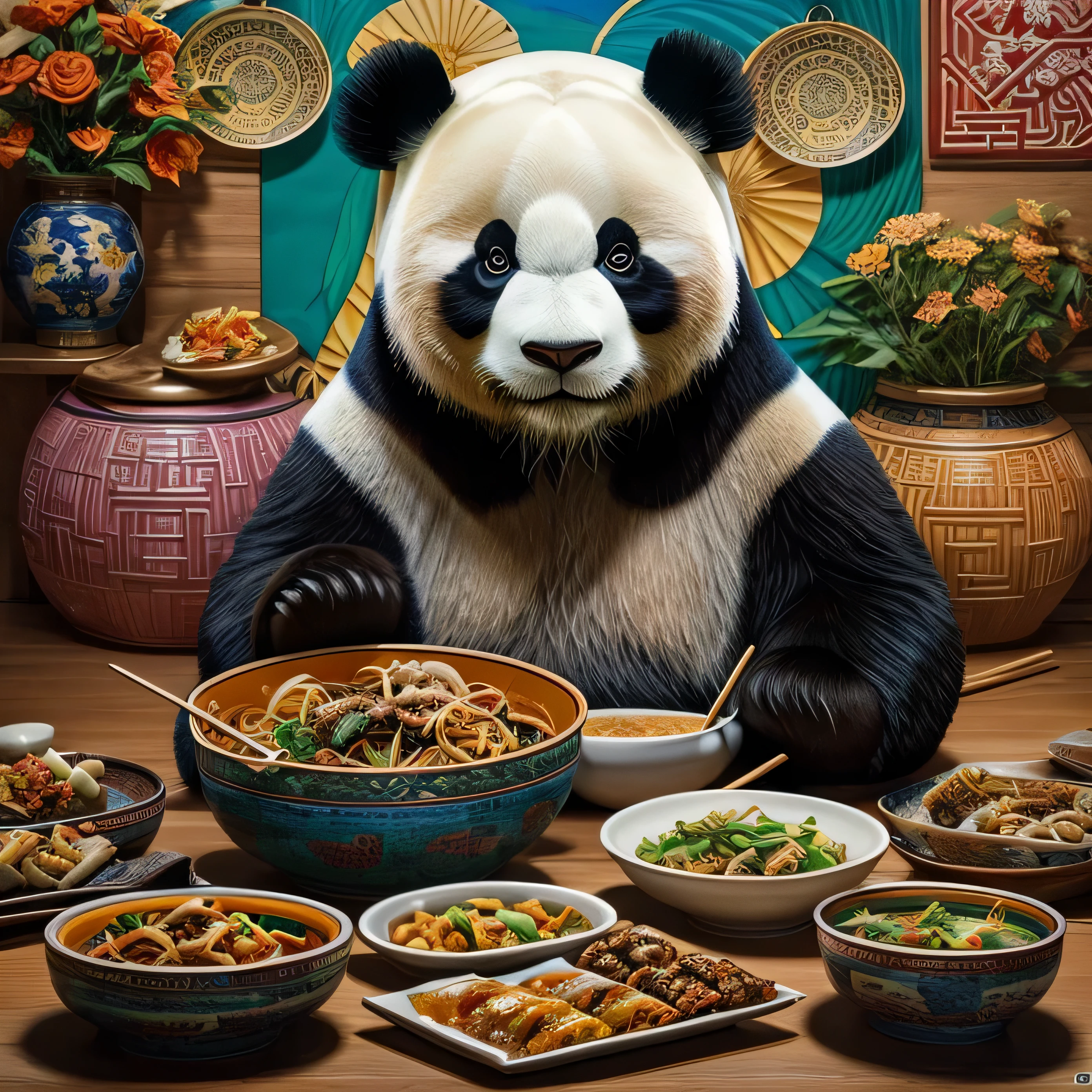 The size of the square 4x4, a lifelike panda holding a bowl, holding chopsticks eating Chinese food, in front of a table of different Chinese dishes.contemporary art collage, with Clear fur,some smart insects, painted, super detailed, full color, bright colors, 8K, actual , no white background, no extra head， The entire painting is colorful and visually vibrant 