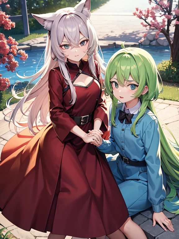 ((masterpiece of anime television)), (enfoque medio cuerpo), (HD definition), anatomically correct, pareja hetero chico y chica adultos, varias poses juntos, mutual attraction., chica Fox or cat, pelo largo blanco o plateado, radiante iris eyes brillan del ojo verde:0.5, boy pelo corto bicolor, rostro masculino, The eyes are also bright red and radiant black.:1.1, -auto..