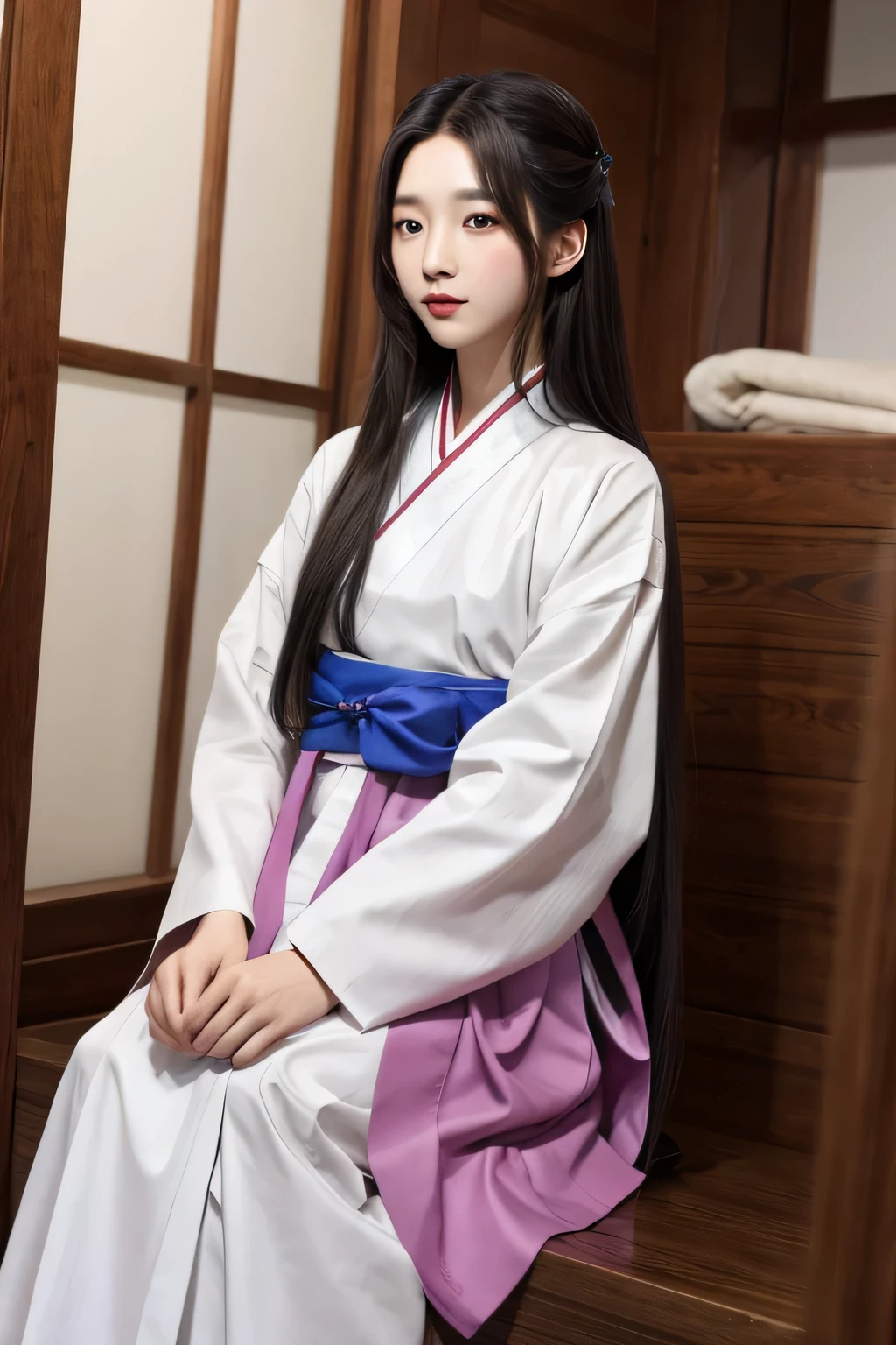 long straight hair, 5:5 parting, man wearing hanbok,