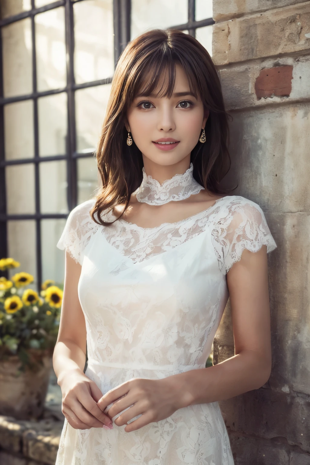 ((table top:1.4, highest quality)), (realistic pictures:1.4),
((1 girl)), (Pure actress), (dream-like),
(超High resolution:1.2), very delicate and beautiful, wonderful, Highly detailed CG Unity 8K wallpaper, Super detailed, High resolution,
soft light, beautiful detailed girl, highly detailed eyes and face, beautifully detailed nose, beautiful and detailed eyes,
(wear a white lace dress:1.3),
cinematic lighting, perfect anatomy, slender body, (parted bangs),
(Standing on an old town corner in France:1.3), (White Wall House々:1.3), (Colorful flowers blooming all over the wall々), (window), (refreshing weather), (outdoor),
cowboy shot, looking at the viewer, (archaic smile)