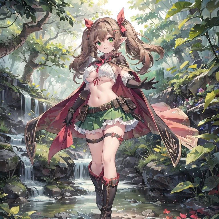 1girl, solo, pointy-ears, ((brown-hair)), green-eyes, gloves, boots, twintails, skirt, elbow-gloves, hair-ornament, navel, looking-at-viewer, cape, smile, elf, ribbon, hair-ribbon, knee-boots, belt, hairclip, ((green-skirt)), black-gloves, forest, midriff, thigh-strap, hair-between-eyes, standing, black-footwear, pouch, long-hair, nature, red-ribbon, ((big boobs) 1:1)