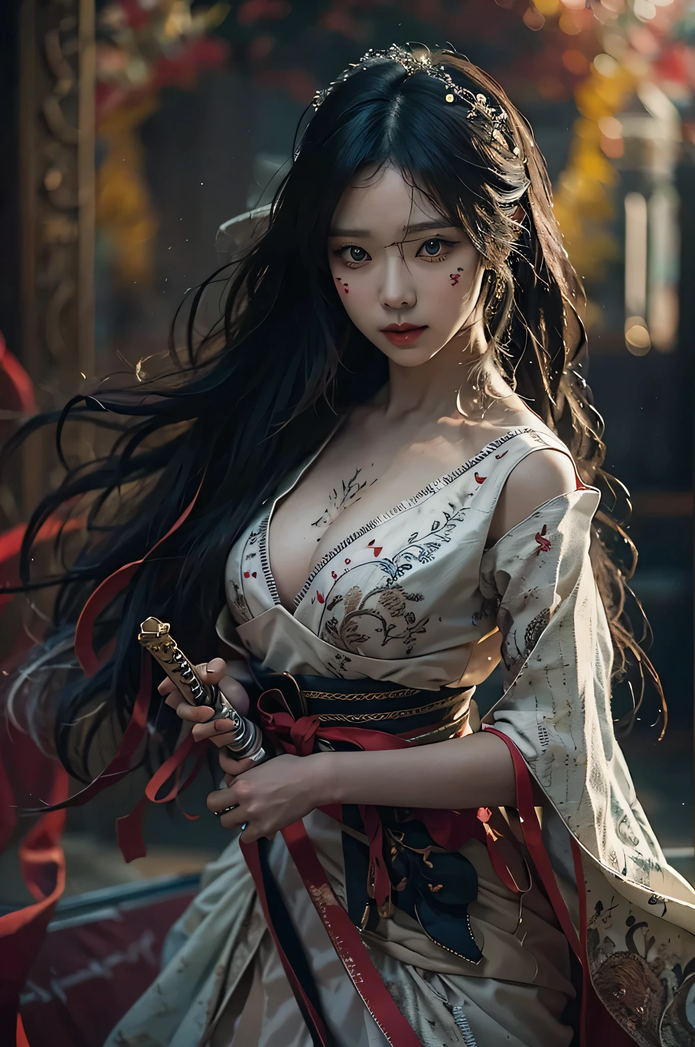(highest image quality), (masterpiece), (vibrant, photography realistic, Realistic, Dramatic, Dark, Sharp focus, 8K), beautiful, Highly detailed face and skin texture, sexy wedding dress, ethereal beauty, mature asian woman,black long hair, make up, nsfw ,Close up shot, ((backlight)), holding sword, samurai wedding