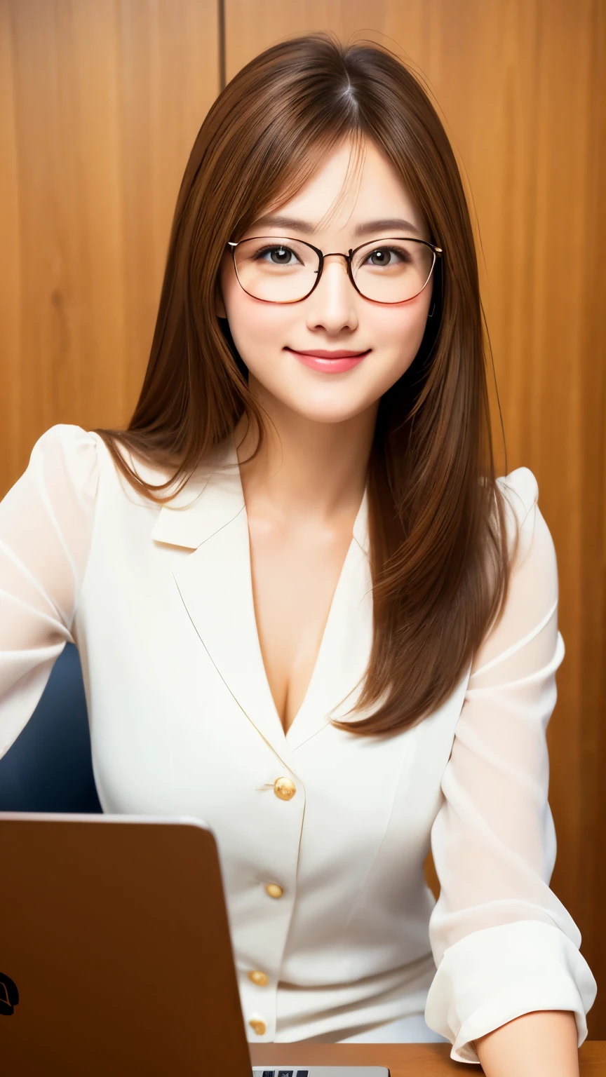 realistic, 1 girl, shining eyes, smile、brown hair、ultra high resolution、round frame glasses、office、suit、officeチェア、Laptop、white dress shirt