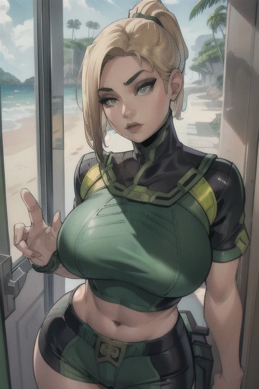 Viper cute, blond hair, brown eyes, ponytail, green swinsuit 
shirt, big breasts, fat breasts, , headphones,  midriff,  
 standing,
  indoors,  (fundo detalhado da praia), obra de arte, Melhor qualidade, Salva-vidas_compassion, preto_shorts, olhos azuis,
(insanely detailed, beautiful detailed face,beautiful detailed eyes, masterpiece, best quality),solo, ""