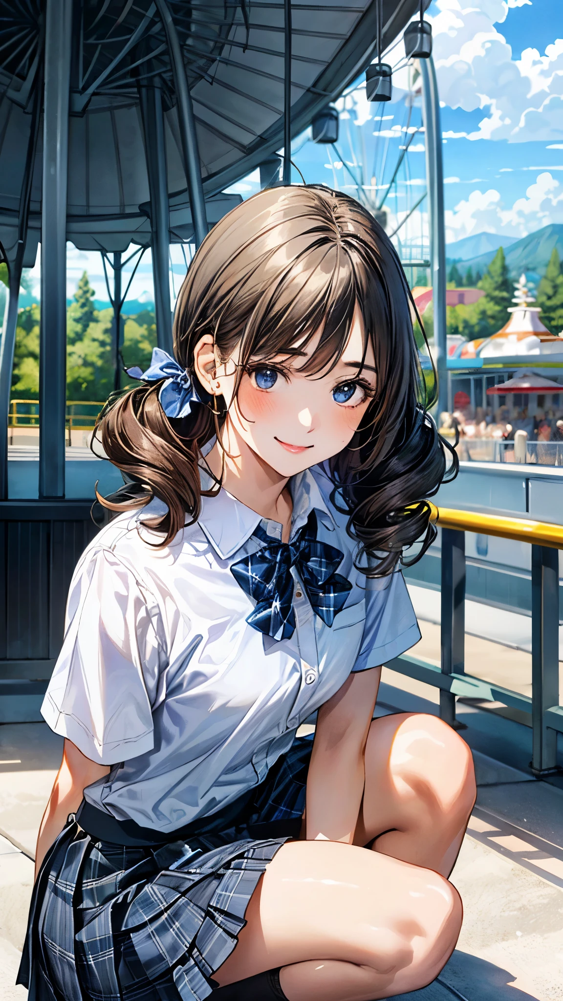 (masterpiece:1.2, top-quality), (realistic, photorealistic:1.4), beautiful illustration, (natural side lighting, movie lighting),
looking at viewer, full body, front view:0.6, 1 girl, japanese, high school girl, perfect face, cute and symmetrical face, , shiny skin,
(middle hair:1.2, twin drills:1.2, dark brown hair), crossed bangs, blue eyes, long eye lasher, (middle breasts),
beautiful hair, beautiful face, beautiful detailed eyes, beautiful clavicle, beautiful body, beautiful chest, beautiful thigh, beautiful legs, beautiful fingers,
((short sleeve white collared shirt, blue plaid pleated skirt, blue bow tie, black hair ribbon), wrist chouchou),
(beautiful scenery), amusement park, ferris wheel, (squatting, skirt hold), (lovely smile, upper eyes),