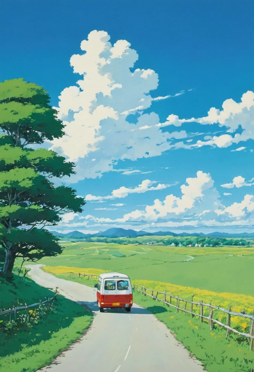 (Minimalism:1.4), There is a minibus on the road, Studio Ghibli Art, Miyazaki, Pasture with blue sky and white clouds