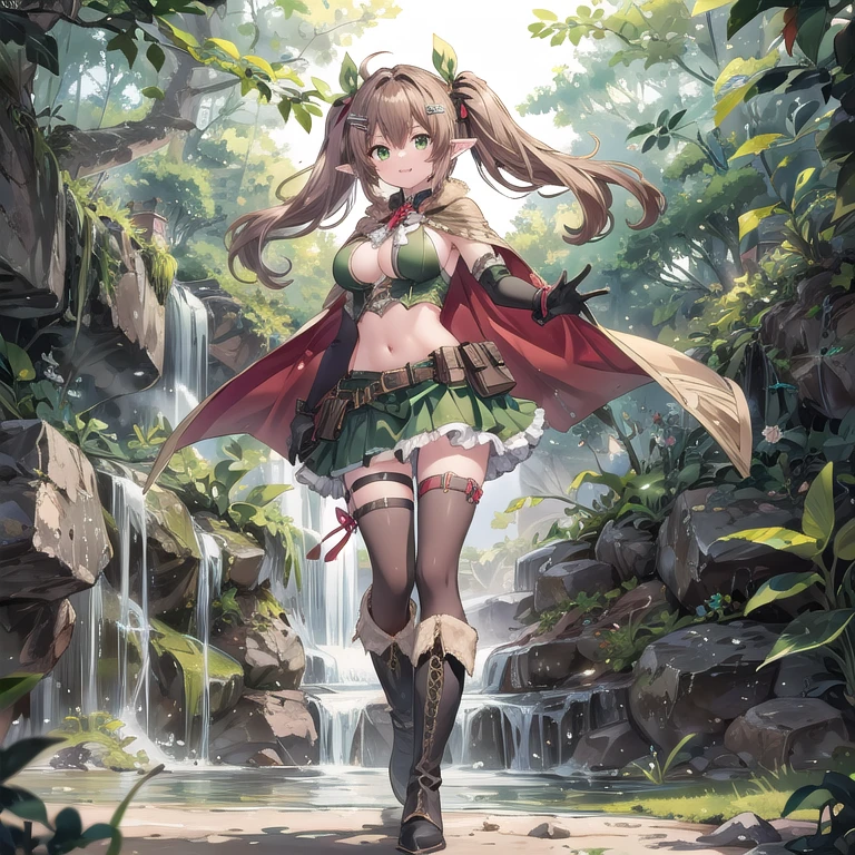 1girl, solo, pointy-ears, ((brown-hair)), green-eyes, gloves, boots, twintails, skirt, elbow-gloves, hair-ornament, navel, looking-at-viewer, cape, smile, elf, ribbon, hair-ribbon, knee-boots, belt, hairclip, ((green-skirt)), black-gloves, forest, midriff, thigh-strap, hair-between-eyes, standing, black-footwear, pouch, long-hair, nature, red-ribbon, ((big boobs) 1:1)
