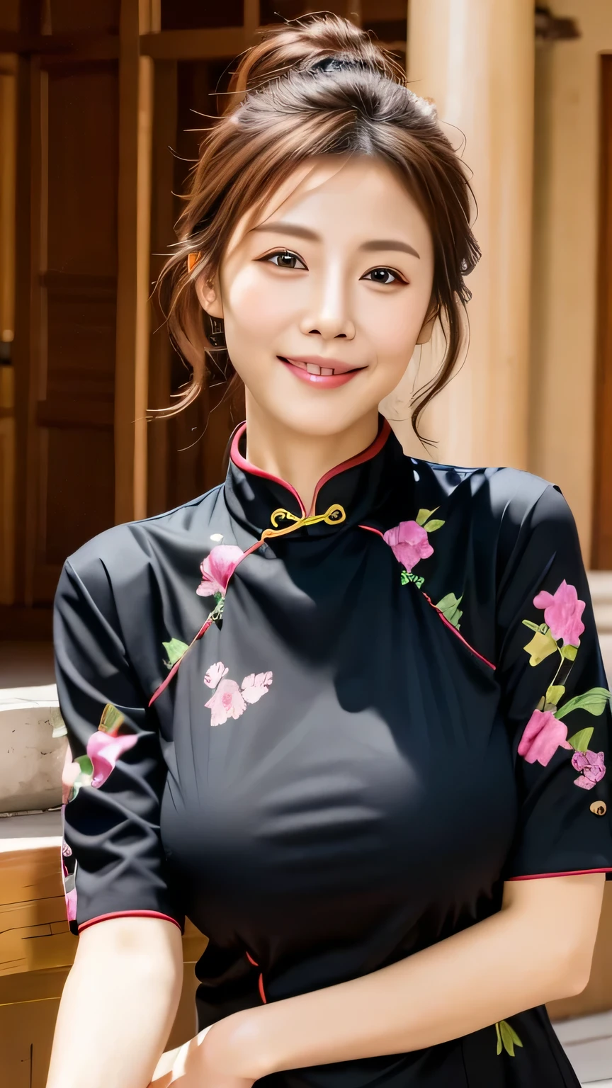 Highly detailed CG Unity 8K wallpaper, top quality, Super detailed,, realistic, photo-realistic, Highly detailed cute girl, 40 years old, ,, Upper body , ,Huge ,black eye,Brightly colored Chinese clothing,smile,Japanese,bright colored cheongsam,luxurious palace,emphasize the chest,ponytail