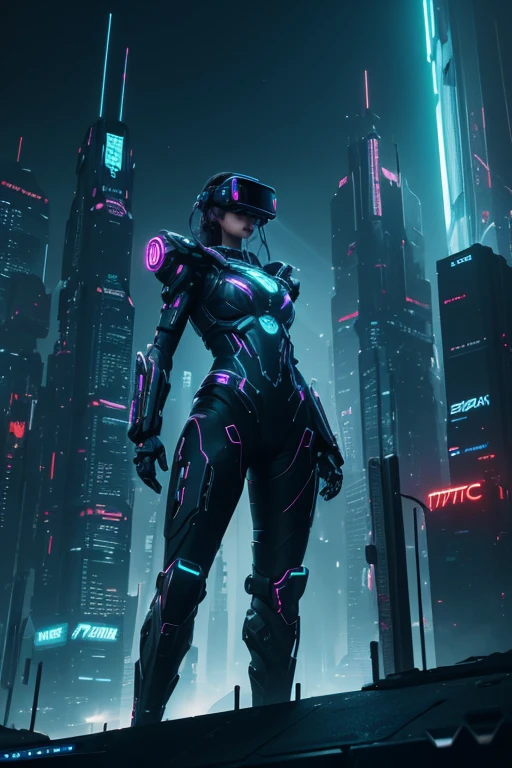 (high resolution, cyberfantasy scenario, futuristic, neon lights, holographic projections, advanced technology, bustling cityscape, flying vehicles, virtual reality, humanoid robots, futuristic fashion, mega-corporations, cybernetic implants, immersive gaming experience, action-packed, adrenaline rush, dystopian, dark and gritty, cyberpunk aesthetics, city of the future, epic battles, glowing cyberspace, thrilling adventures)