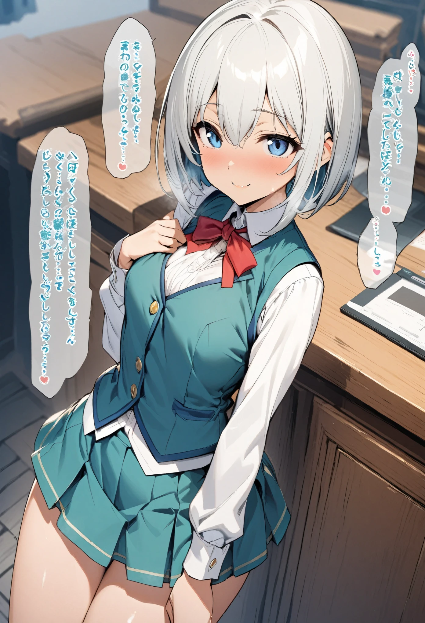 An illustration　girl　18-year-old　short bob　super mini skirt　blue eyes　vest bust　constriction　white hair　smile　smartphone　