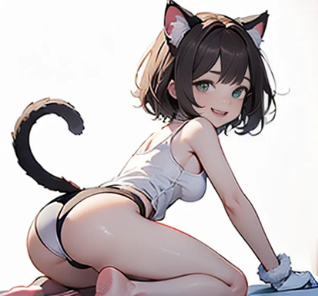 (Melhor qualidade,4K,8k,high resolution,mesa:1.2),ultra-detalhado,animal ears, brown hair, white and green cat ears, big eyes, big green eyes, (long white cat tail), ((puffy cat paw gloves)), fangs, short hair, ((shirt tank top with wide short arms sleeves)), bare shoulder, bare arms , small underwear,on the knees, human feet, smiling, mouth open,on the knees,butt cheek,1girl,23 years old,full body,(solo),(big butt),(((sideboob))),(simple bright white background),allfours side_view, perfect breasts format