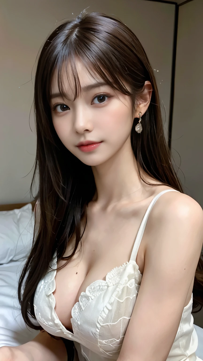 ((realistic lighting, highest quality, 8K, masterpiece: 1.3)), clear focus: 1.2, closed your mouth, balanced eyes, Detailed 美しい delicate face,(Detailed 美しい delicate eyes:1.32),Depth of written boundary, cute, looking at the viewer, Idol, , smile, shining eyes, blush, Gorgeous and sexy dark red bra, whole body, medium hair, Bedroom, sunlight, earrings, necklace, model, looking at the viewer, positive, absurd, (highest qualityの詳細:1.42), ((high ponytail)), realistic,8K high resolution, Super detailed, high quality texture, intricate details, fine texture, finely, high detail, Very detailed CG, high quality shadows,The absurdity of exposed cleavage, look forward to, bold pose,sleep in bed,(((close your chest with both hands)))