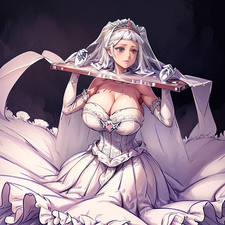 Close-up of a beautiful bride in a beautiful wedding dress, Gerwitz,(pillory:1.5), (frailty:1.2), frailty on the head, frailty on the hands,(bridal veil: 1.5), (transparent short veil: 1.5), flushed face, flower head, tiara, very elaborate princess wedding dress,(tube wedding dress: 1.5), (silk dress: 1.2 ), (strapless wedding dress: 1.5), (floor length skirt:1.2), pure white dress,white long skirt, necklace, earrings, (huge breasts: 1.3), Deep V Sweetheart Neck Wedding Dress, bangs, lipstick, (lace gloves: 1.3), High detail RAW color art,