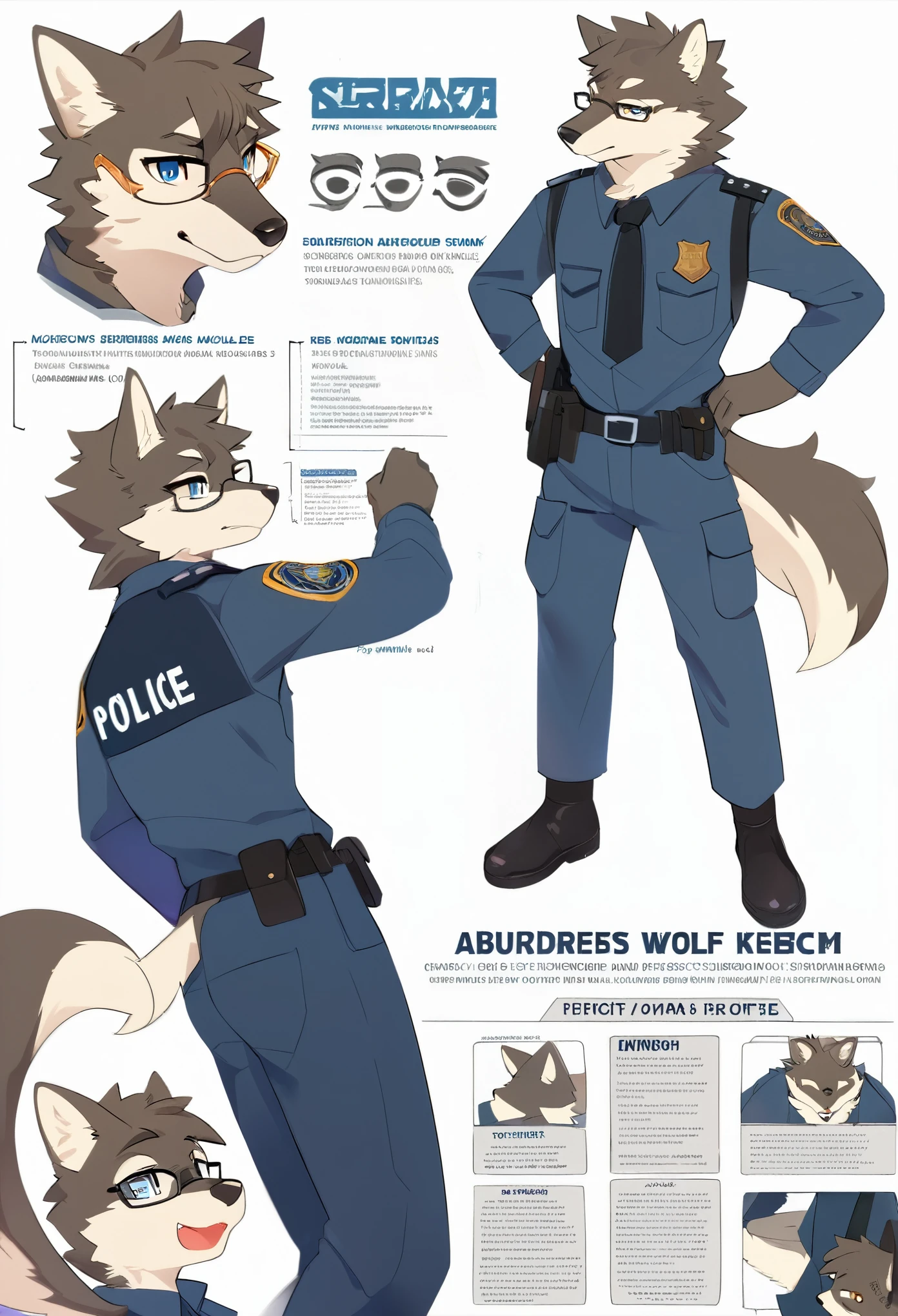 highres, top quality, best quality, paid reward available, High-quality illustrations, unparalleled masterpiece, perfect artwork, absurdres, perfect anatomy, standing kemono boy, three view drawing, front and side and back, character sheet, character design police man!!, anime character, glasses, facial expressions, Detailed description of character, text, Transform wolf, Collection of setting materials,