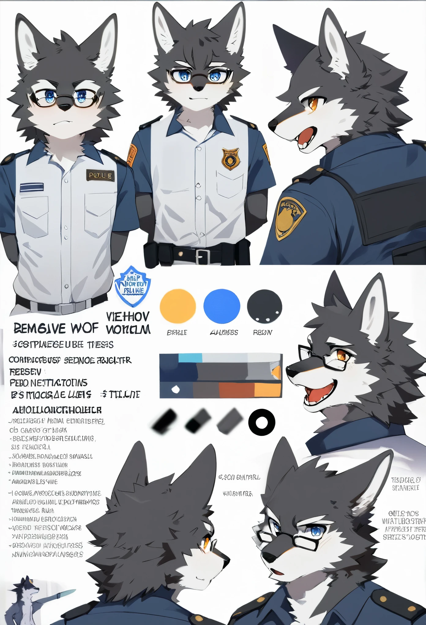 highres, top quality, best quality, paid reward available, High-quality illustrations, unparalleled masterpiece, perfect artwork, absurdres, perfect anatomy, standing kemono boy, three view drawing, front and side and back, character sheet, character design police man!!, anime character, glasses, facial expressions, Detailed description of character, text, Transform wolf, Collection of setting materials,