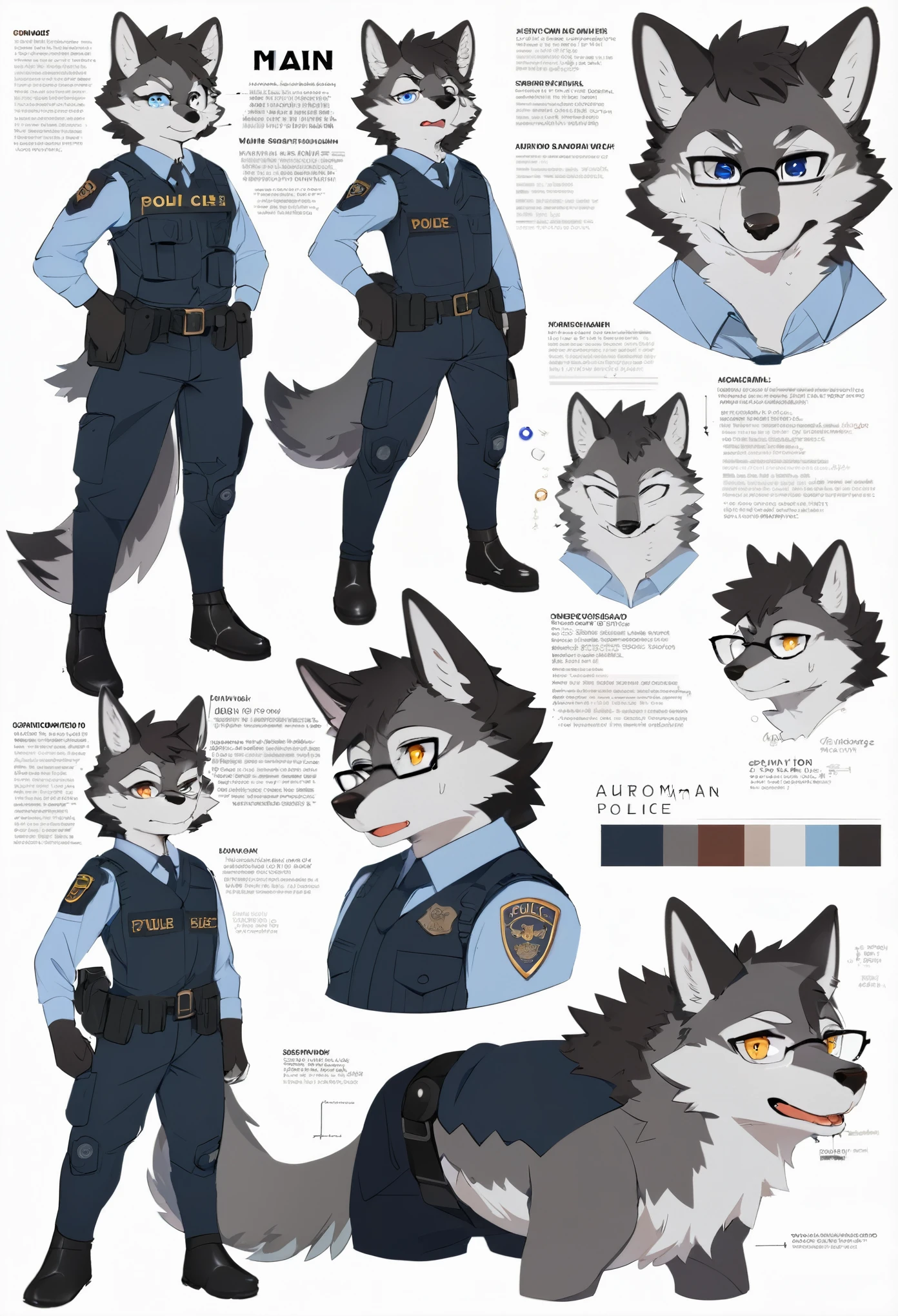 highres, top quality, best quality, paid reward available, High-quality illustrations, unparalleled masterpiece, perfect artwork, absurdres, perfect anatomy, standing kemono boy, three view drawing, front and side and back, character sheet, character design police man!!, anime character, glasses, facial expressions, Detailed description of character, text, Transform wolf, Collection of setting materials,