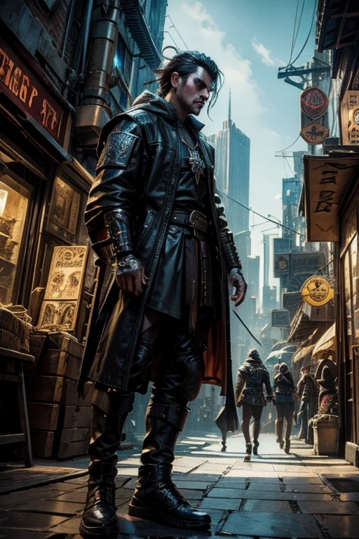 a city mixing medieval fantasy with cyberpunk
