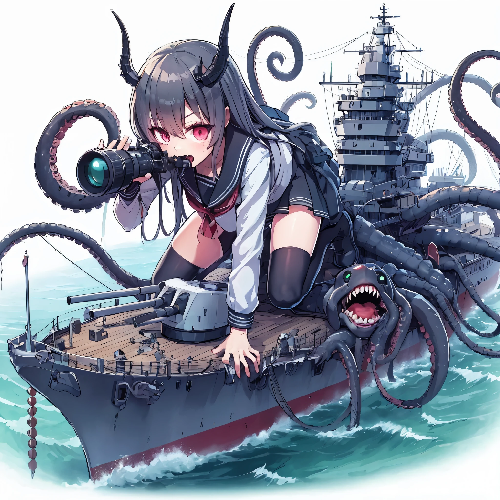 A girl crawling on top of a battleship. She is a Cyclops girl. A turret baring her fangs. Gothic dress. abyssal fleet. Tentacles wrapped around the ship.