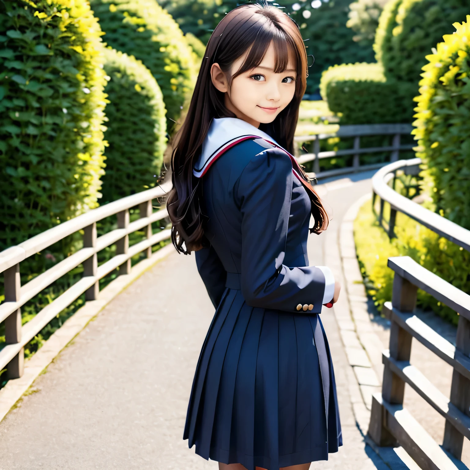 A woman in uniform is posing on a bridge, loose coat collar sailor suit, wearing japanese school uniform, japanese girl uniform, japanese school uniform, seifuku, girl in uniform, wearing school uniform, sailor suit, JK uniform, wearing , magic school , wearing high , In a black uniform, high resolution, High quality photos, look at viewer