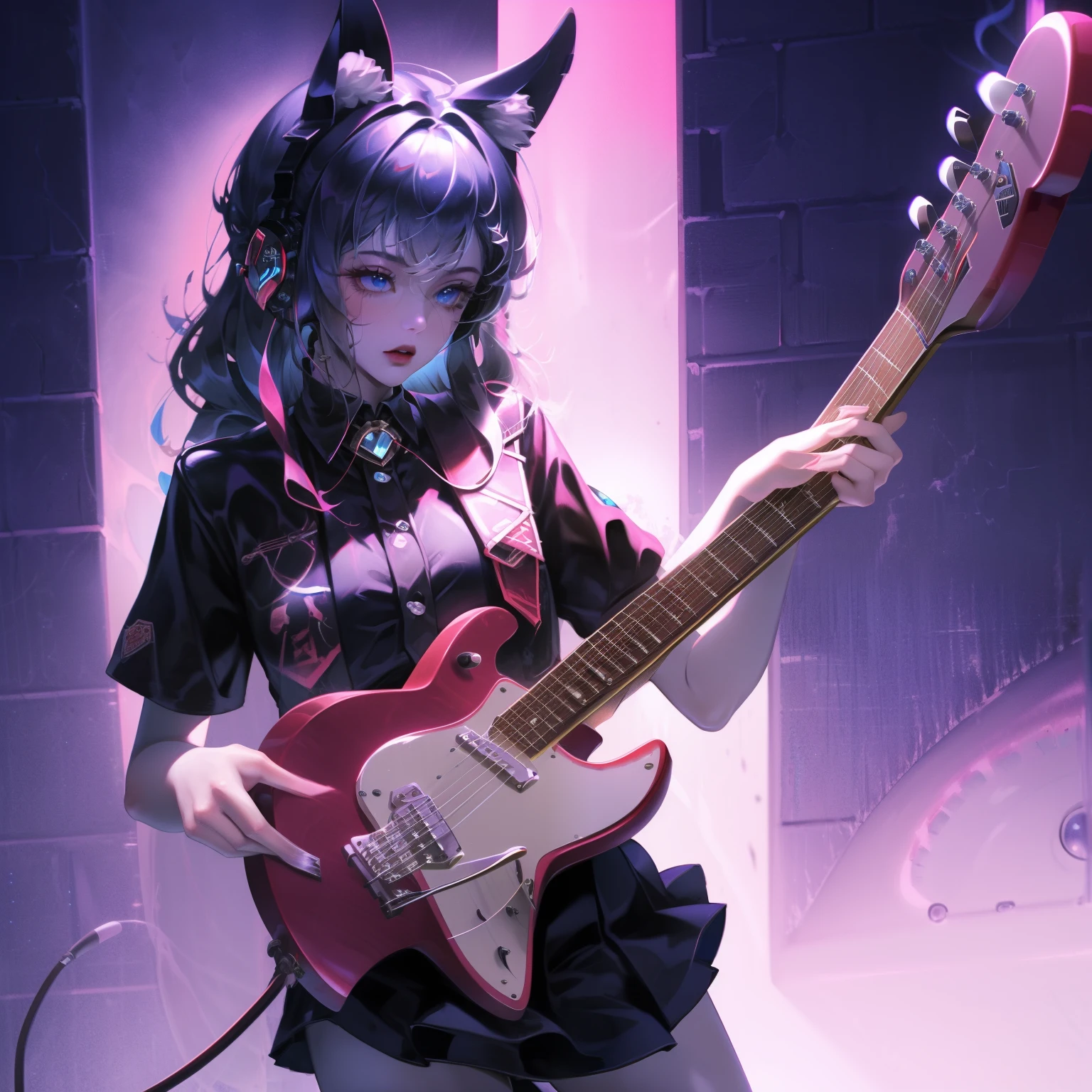 ((masterpiece, best quality))1 girl, alone, black skirt, blue eyes, electric Guitar, Guitar, earphone, Double tail辮, Keep, Keep plectrum, musical instrument, long hair, music, one side up, cyan hair, Double tail, 弹Guitar, pleated skirt, Black shirt, Internal