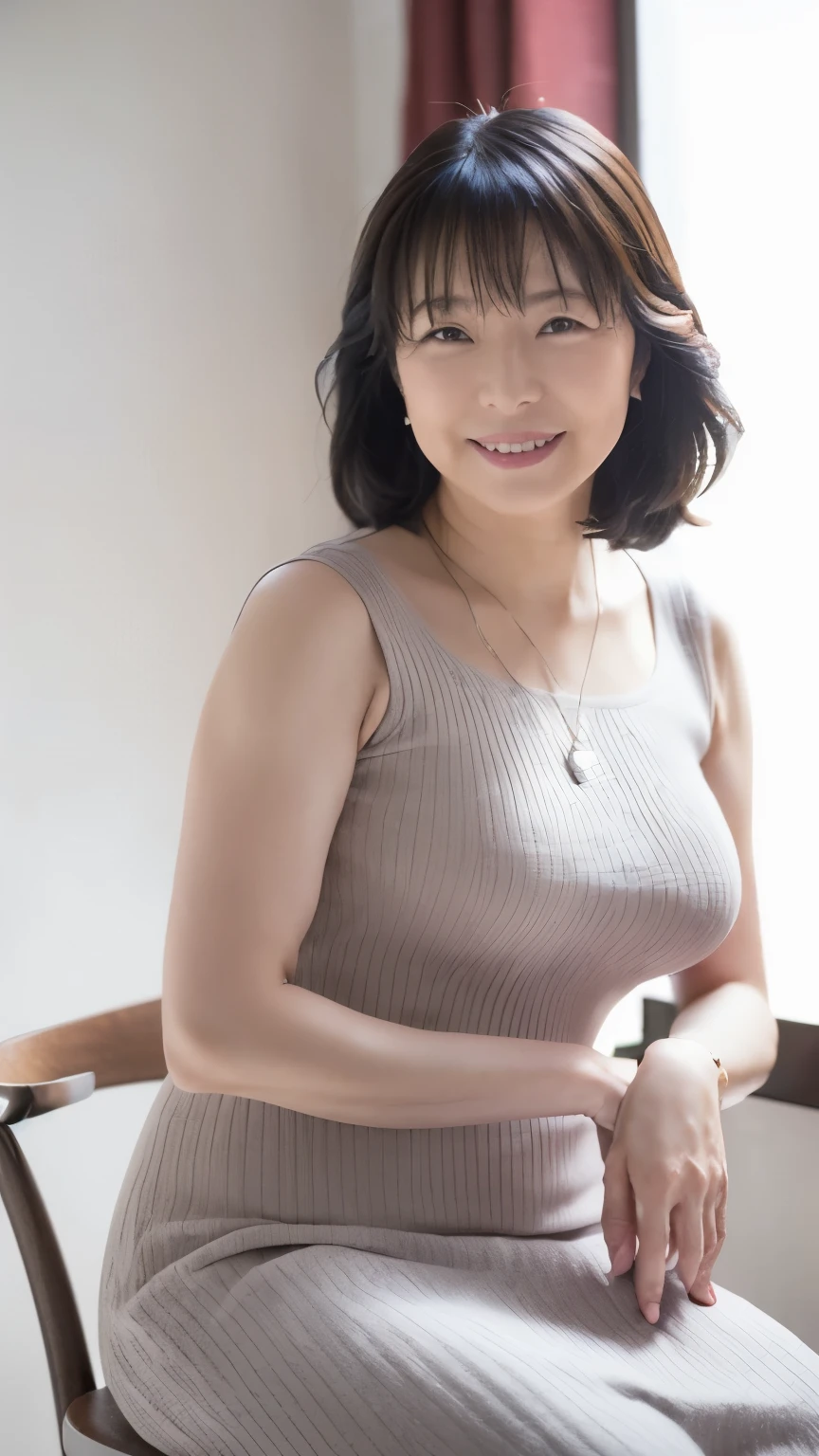 NSFW, ((Best quality)), ((8K)), ((Masterpiece:1.3)), (Perfect appearance), (Photorealism:1.2), ((woman sitting on a chair)), Japanese woman, (52 years old), Married woman, smiles kindly, short bangs, long hair, (long hair with one curl at the end), Sleeveless, (loose-fitting blouse:1.2), (High waist skirt:1.2), tight long skirt with slit, large breasts, pumps, (whole body),