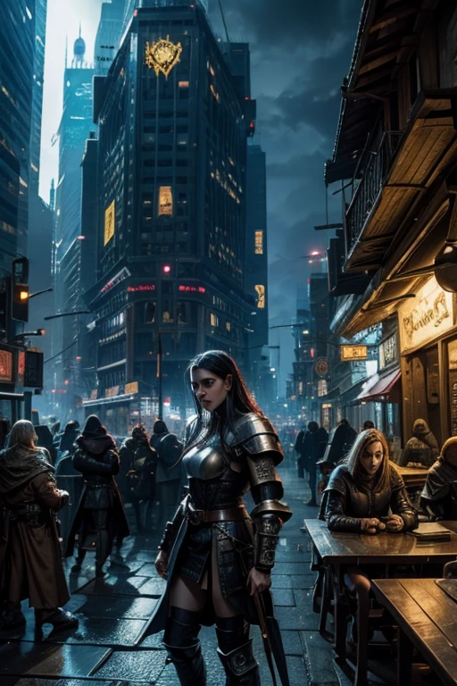 a city mixing medieval fantasy with cyberpunk