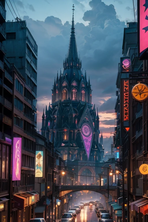 (best quality,4k,8k,highres,masterpiece:1.2),ultra-detailed,(realistic,photorealistic,photo-realistic:1.37),medieval fantasy,cyberpunk,city,mixing,streets,high-rise buildings,ornate architecture,futuristic technology,magic elements,dark alleys,dimly lit neon lights,flying vehicles,holographic advertisements,enchanted creatures,wizards casting spells,dystopian urban landscape,blending of old and new aesthetics,fashionable individuals wearing futuristic and medieval-inspired clothing,multi-cultural influences,gargoyles perched on rooftops,mystical artifacts on display at markets,enchanted weapons,hovering drones capturing the city's skyline,mixture of advanced machinery and mystical crystals,shadows and reflections creating a mysterious atmosphere,major contrasts between ancient cobblestone streets and modern transportation systems,aerial view showcasing the grandeur of this hybrid city,unusual fusion of ancient castles and technological skyscrapers,people living in harmony with advanced technology and magical powers,artificial intelligence coexisting with mythical creatures,genre-defying metropolis,string lights adding a whimsical touch to the cityscape,magic-infused graffiti on walls,archaic symbols blended with futuristic logos,stunning sunsets painting the sky in vibrant hues of magenta and electric blue,creative interplay of light and shadows throughout the city,innovative transportation system including levitating trains and teleportation devices,cybernetic enhancements integrated with traditional armor and weaponry.