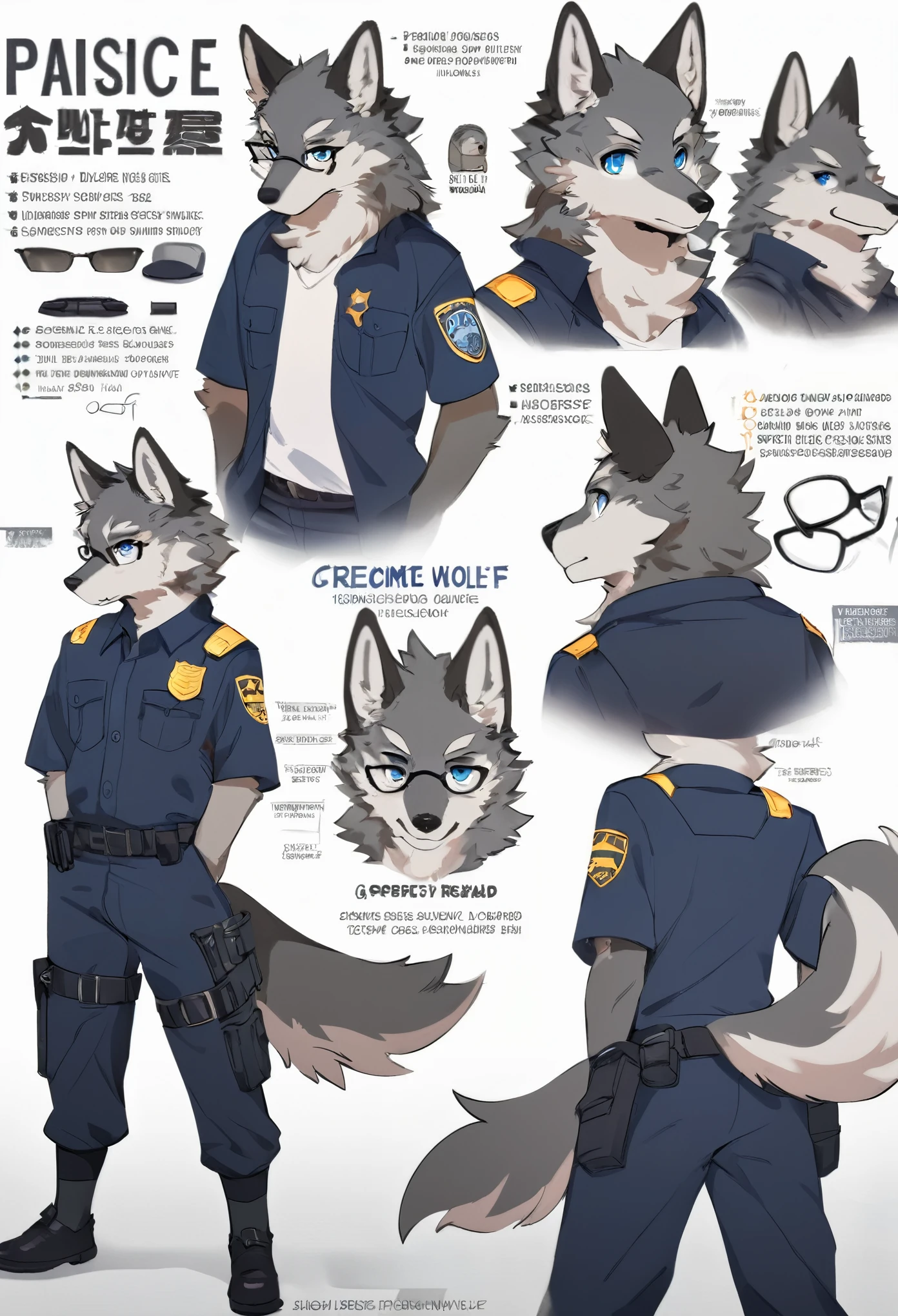highres, top quality, best quality, paid reward available, High-quality illustrations, unparalleled masterpiece, perfect artwork, absurdres, perfect ???????, standing kemono boy, three view drawing, front and side and back, character sheet, character design police man!!, anime character, glasses, facial expressions, Detailed description of character, text, Transform wolf, Collection of setting materials,