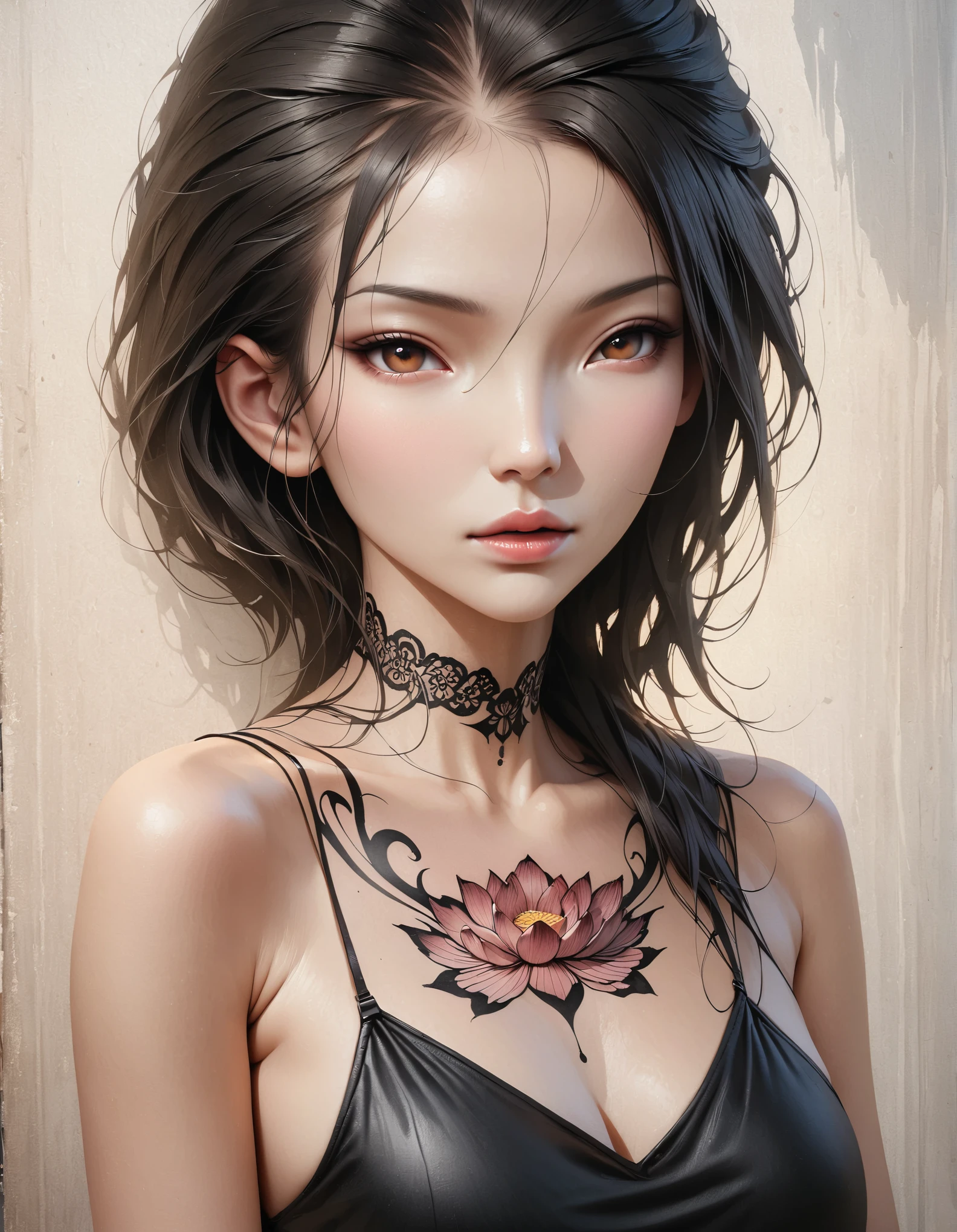 (best quality,4k,8k,highres,masterpiece:1.2),ultra-detailed,(realistic,photorealistic,photo-realistic:1.37),simple modern art,close-up of a woman with lotus tattoo on her neck, flowing black long hair, black minimalist clothing, pure and smooth skin, slender and beautiful eyes, by Mei Qing, elegant and beautiful digital art, exquisite digital illustration, beautiful portrait, watercolor painting combined with photography, rendered with high octane value.