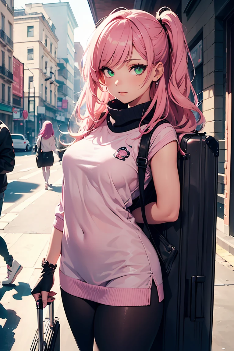 ((1 girl)), latest trend clothes, Street fashion,(Large suitcase),black tights,cowboy shot,((Super detailed,highest quality, High resolution, 8k wallpaper, beautiful clothes,)),((pink hair, long hair,straight hair,two side up)), (green eyes),eye shadow, eyeliner,Glow eye, highly detailed eyes, complicated eyes, beautiful eyes, ((shining pink eyes)), 18 year old girl