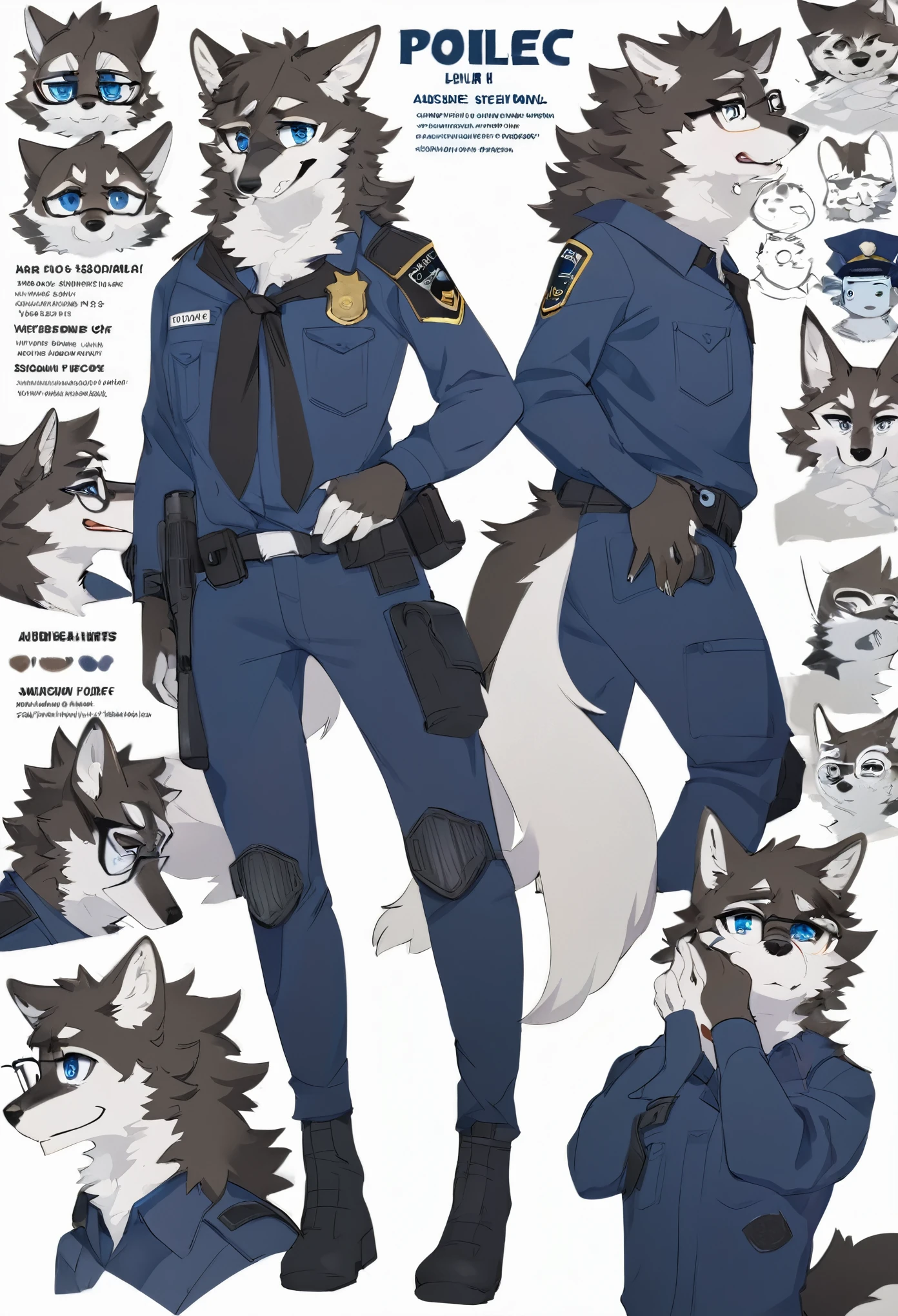 highres, top quality, best quality, paid reward available, High-quality illustrations, unparalleled masterpiece, perfect artwork, absurdres, perfect anatomy, standing kemono boy, three view drawing, front and side and back, character sheet, character design police man!!, anime character, glasses, facial expressions, Detailed description of character, text, Transform wolf, Collection of setting materials,
