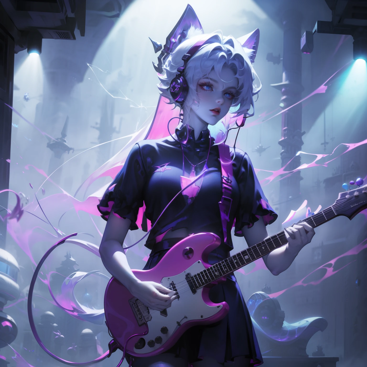 ((masterpiece, best quality))1 girl, alone, black skirt, blue eyes, electric Guitar, Guitar, earphone, Double tail辮, Keep, Keep plectrum, musical instrument, long hair, music, one side up, cyan hair, Double tail, 弹Guitar, pleated skirt, Black shirt, Internal