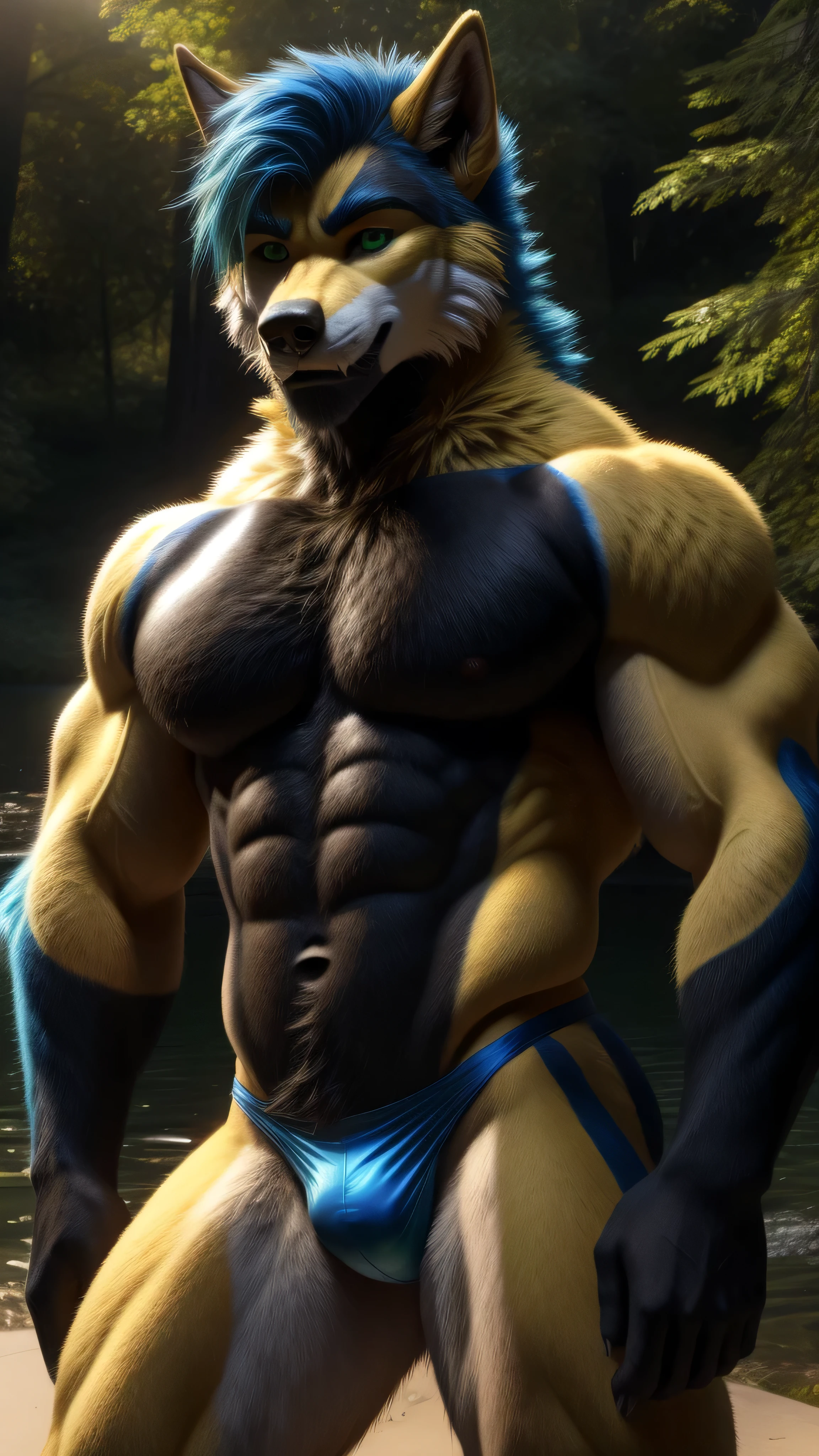 An adult muscular male werewolf alone in the United States outdoors American 20 years old blue hair yellow fur and green eyes posing for the camera wearing sexy tight thong