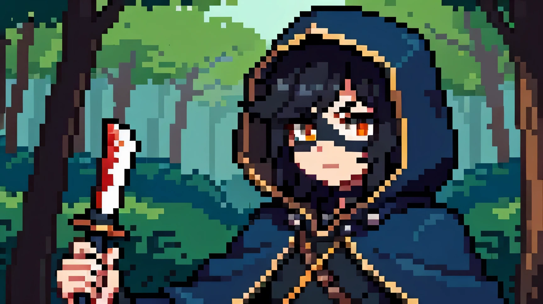 best quality, 8k, highly detailed, ultra-detailed, highly-detailed shading, pixel art style, concept art, by Paul Kelpe, 2d game model, pixel perfect, rogue assassin, orange eyes, wearing a domino mask, holds a dagger in his hand with blood on it, hiding in a dark blue cloak with the hood on, has black hair, in a green forest