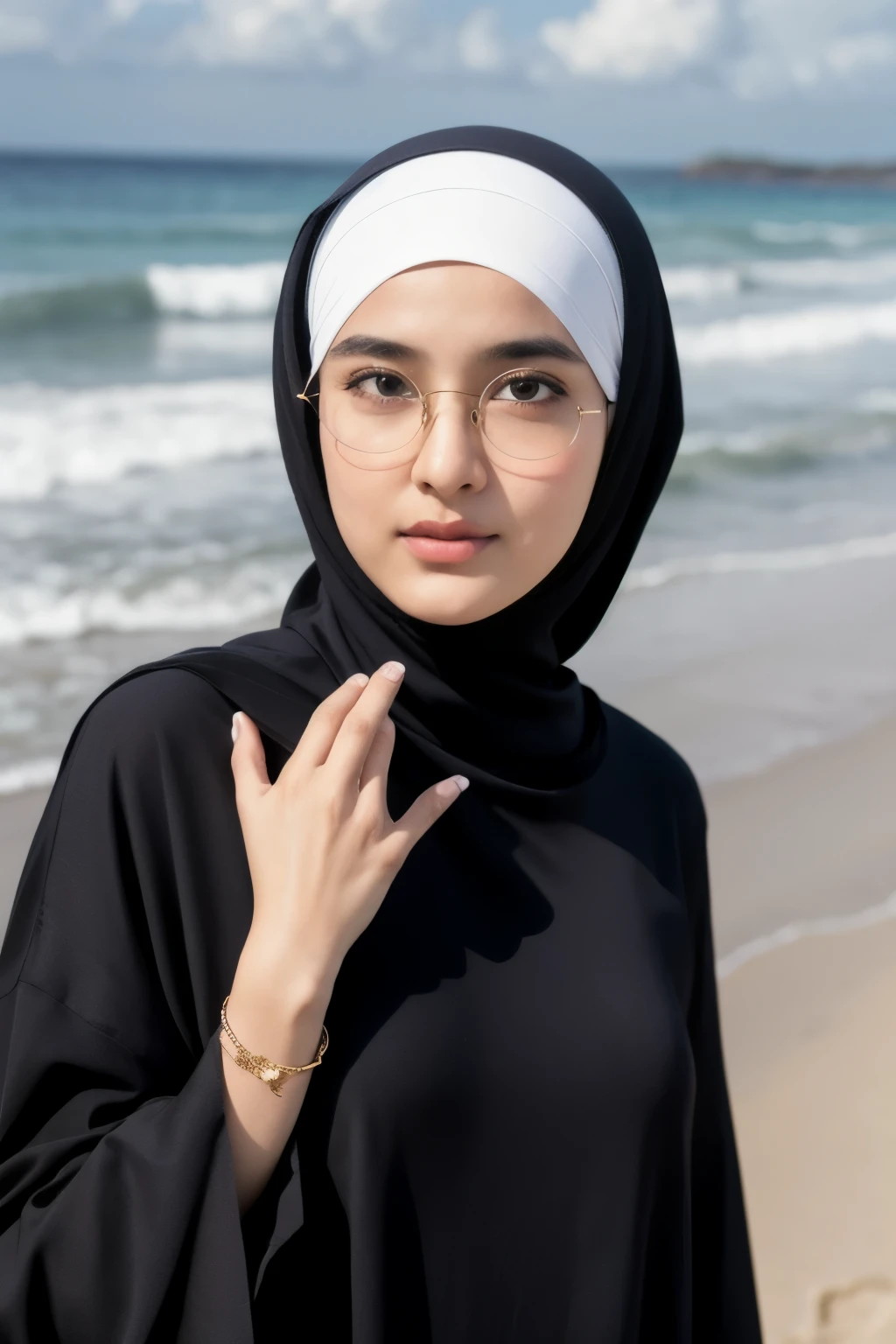 ((best quality)), ((masterpiece)), (detailed), perfect face, a muslim hijab girl, using a syar'i hijab, oversized clothes, no hair, bra clothes, all body parts covered except hands and face, round eye, glasses, decoration on head, 21 year old, cute face,  facing forwards to camera, eyes on camera, selfie, beach, on the coastline, in room, sexy clothes