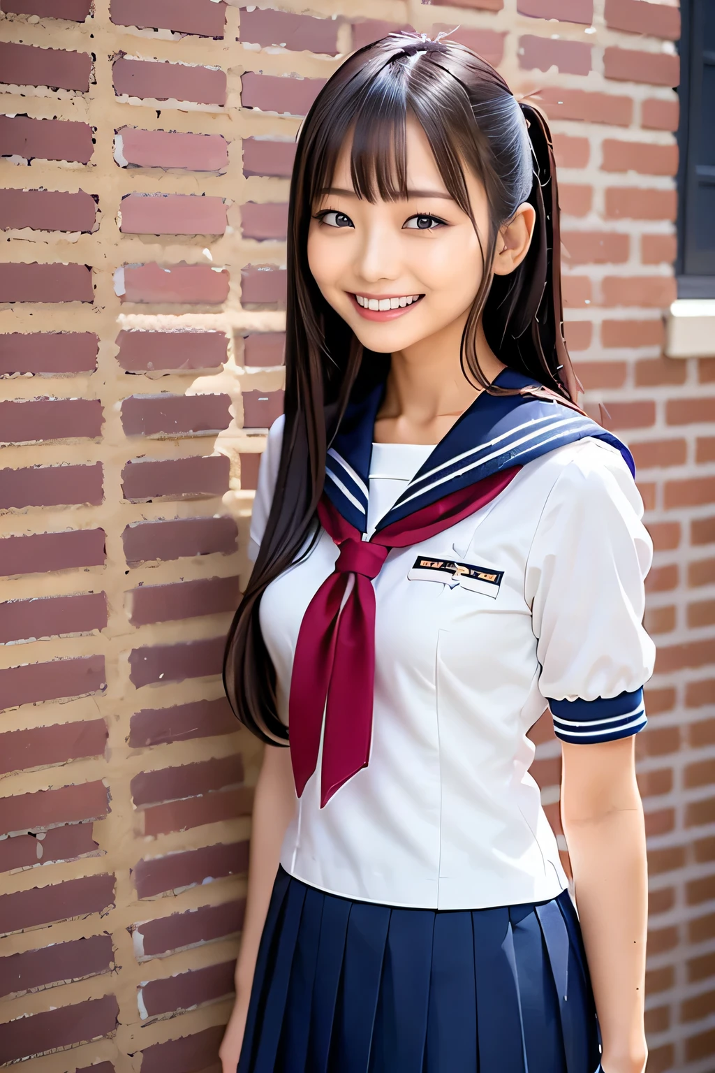 Arafe Asian girl in uniform standing by a brick wall and smiling, wearing japanese school uniform, seifuku, japanese , girl in uniform, japanese girl uniform, rumiko, wearing , iwakura lain, wearing , shinkai makoto, Wearing the principal's uniform, loose coat collar sailor suit, Another close up of Iwakura, high resolution, High quality photos, look at viewer