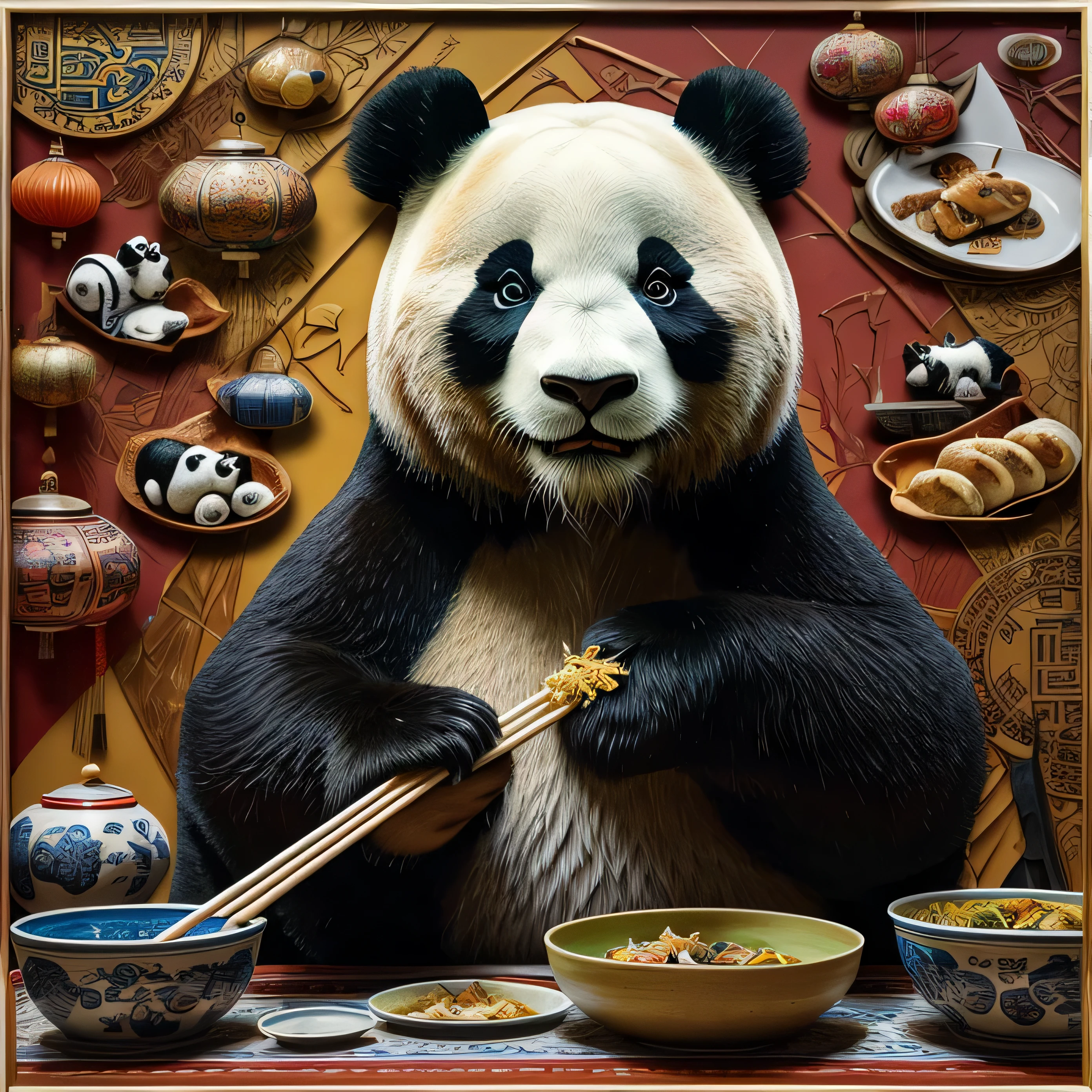 The size of the square 4x4, a lifelike panda holding a bowl, holding chopsticks eating Chinese food, in front of a table of different Chinese dishes.contemporary art collage, with Clear fur,some smart insects, painted, super detailed, full color, bright colors, 8K, actual , no white background, no extra head， The entire painting is colorful and visually vibrant 