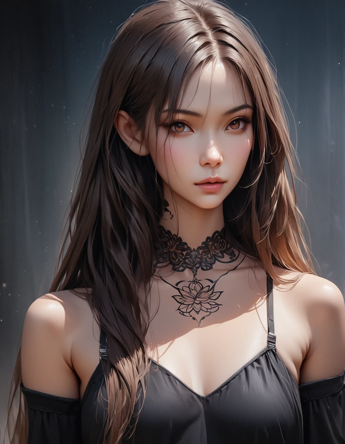 in style of Maximalism，(best quality,4k,8k,highres,masterpiece:1.2),ultra-detailed,(realistic,photorealistic,photo-realistic:1.37),simple modern art,close-up of a woman with lotus tattoo on her neck, flowing black long hair, black minimalist clothing, pure and smooth skin, slender and beautiful eyes, by Mei Qing, elegant and beautiful digital art, exquisite digital illustration, beautiful portrait, watercolor painting combined with photography, rendered with high octane value.