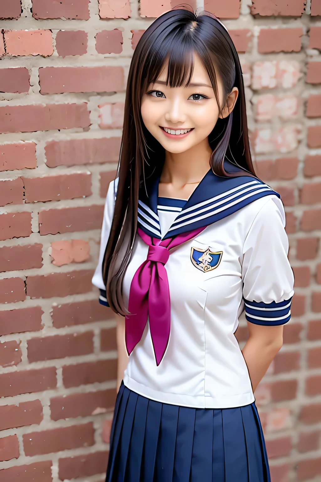 Arafe Asian girl in uniform standing by a brick wall and smiling, wearing japanese school uniform, seifuku, japanese , girl in uniform, japanese girl uniform, rumiko, wearing , iwakura lain, wearing , shinkai makoto, Wearing the principal&#39;s uniform, loose coat collar sailor suit, Another close up of Iwakura, high resolution, High quality photos, look at viewer