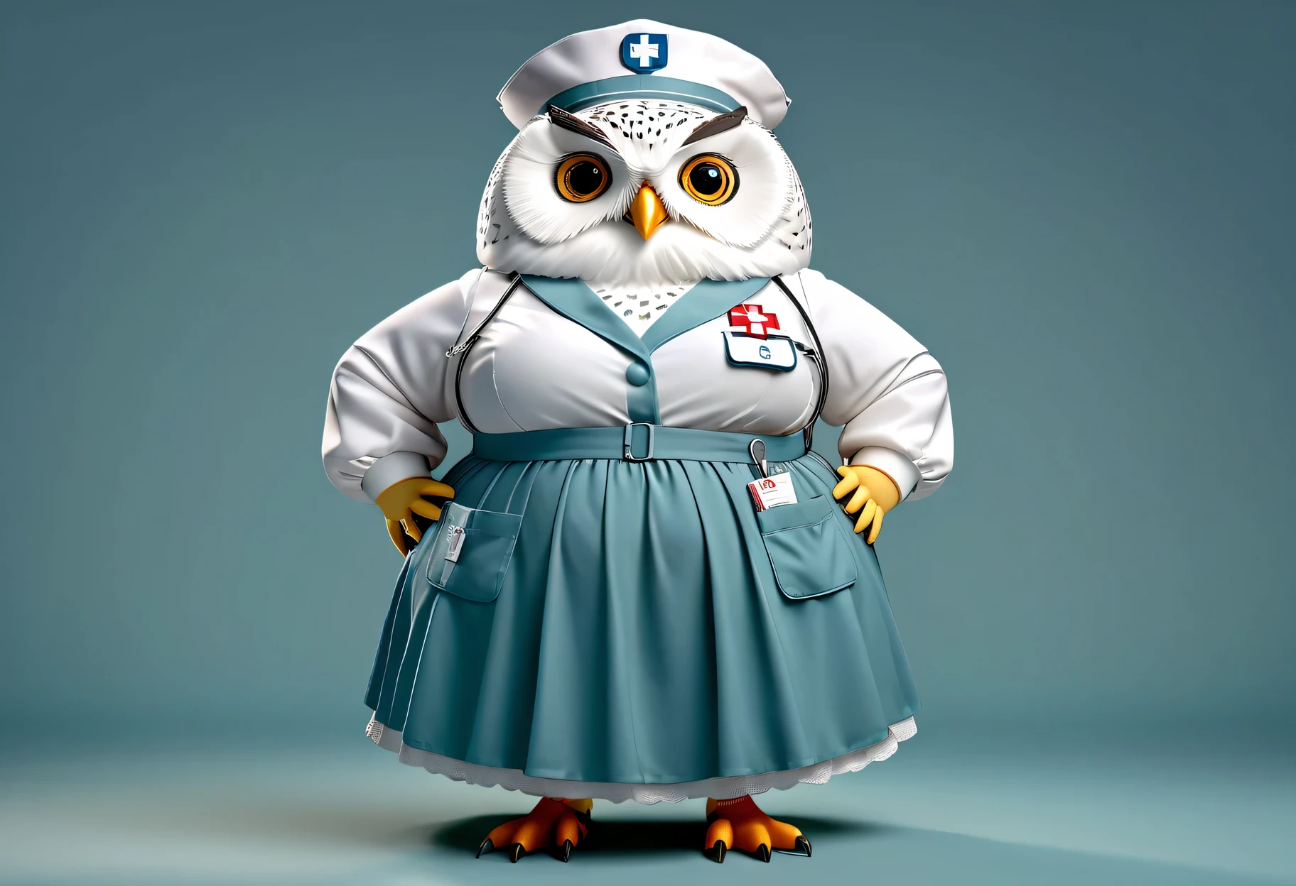 photorealistic portrait of Dressed animals - a ((fat)) white owl nurse,(hands on hips:1.2),(), high quality,(lovely) ,intricate details, highly detailed (( nurse costume)), wearing nurse cap and skirt , highly detailed medical equipment , (happy), studio lighting,(),(simple background)