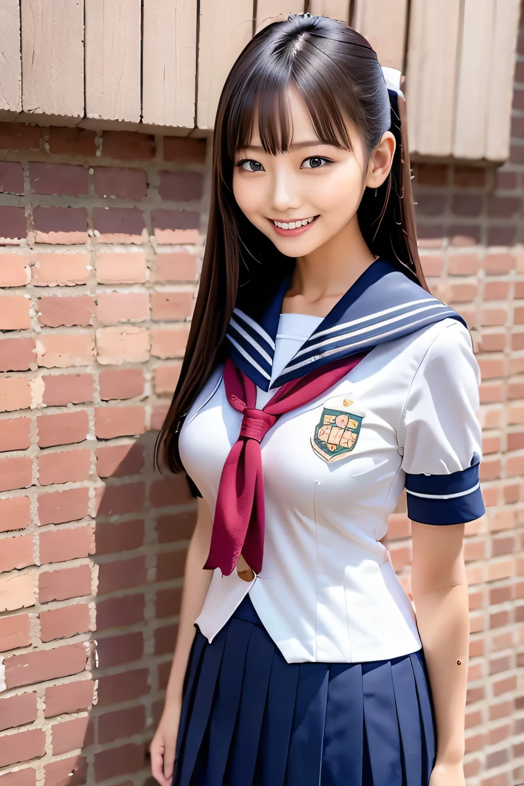 Arafe Asian girl in uniform standing by a brick wall and smiling, wearing japanese school uniform, seifuku, japanese , girl in uniform, japanese girl uniform, rumiko, wearing , iwakura lain, wearing , shinkai makoto, Wearing the principal's uniform, loose coat collar sailor suit, Another close up of Iwakura, high resolution, High quality photos, look at viewer