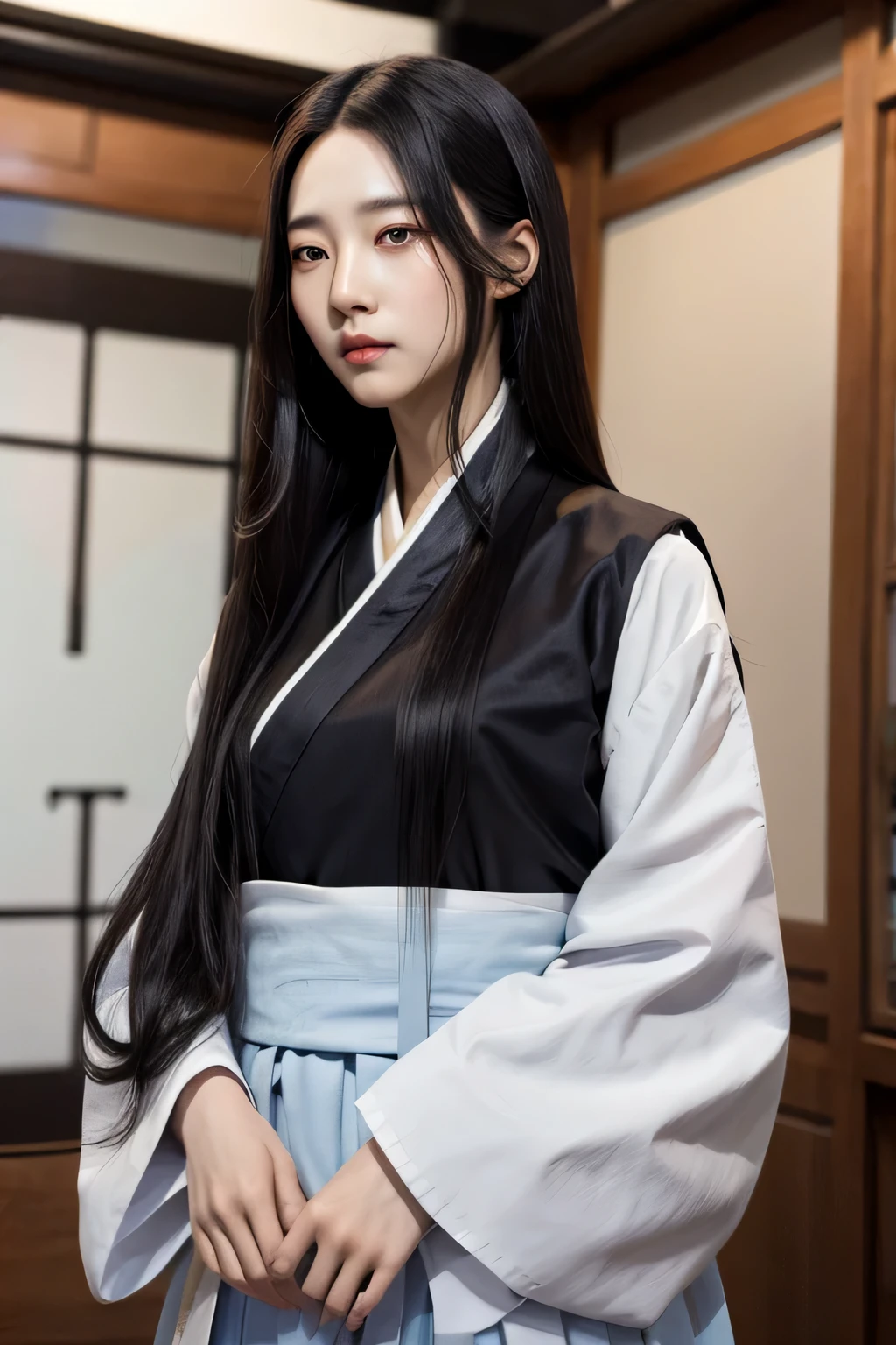 woman with long straight hair, 5:5 parting, man wearing hanbok, black clothes, arrogant expression, arrogant attitude