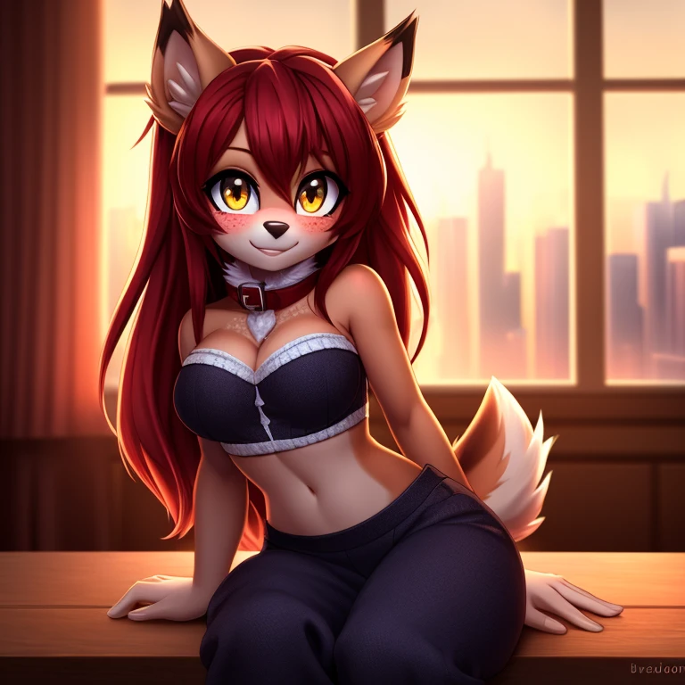 masterpiece, best quality, ultra-detailed, cinematic lighting, beautiful lighting, chiaroscuro lighting, extreme black and red contrast lighting, seiza pose on top of the table, detailed background, 1girl, blush, furry, furry female, cute, red hair, horns, freckles, antlers, fur trim, fur collar, medium breasts, cleavage, deer ears, body fur, animal ears, reindeer antlers, yellow eyes, detailed eyes, baggy pants, strapless crop top (knitted), long hair, 