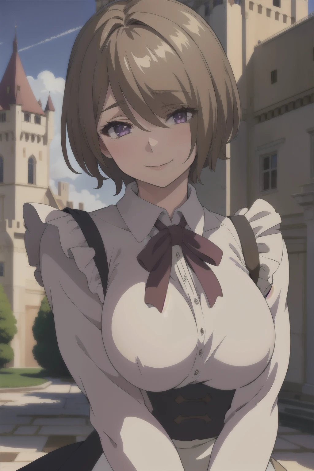 masterpiece,best quality,1girl,breasts,short hair, brown hair,light brown hair,purple eyes, hair over one eye, maid uniform, smile, outdoor, castle, mediaval background, disheveled strand hair.