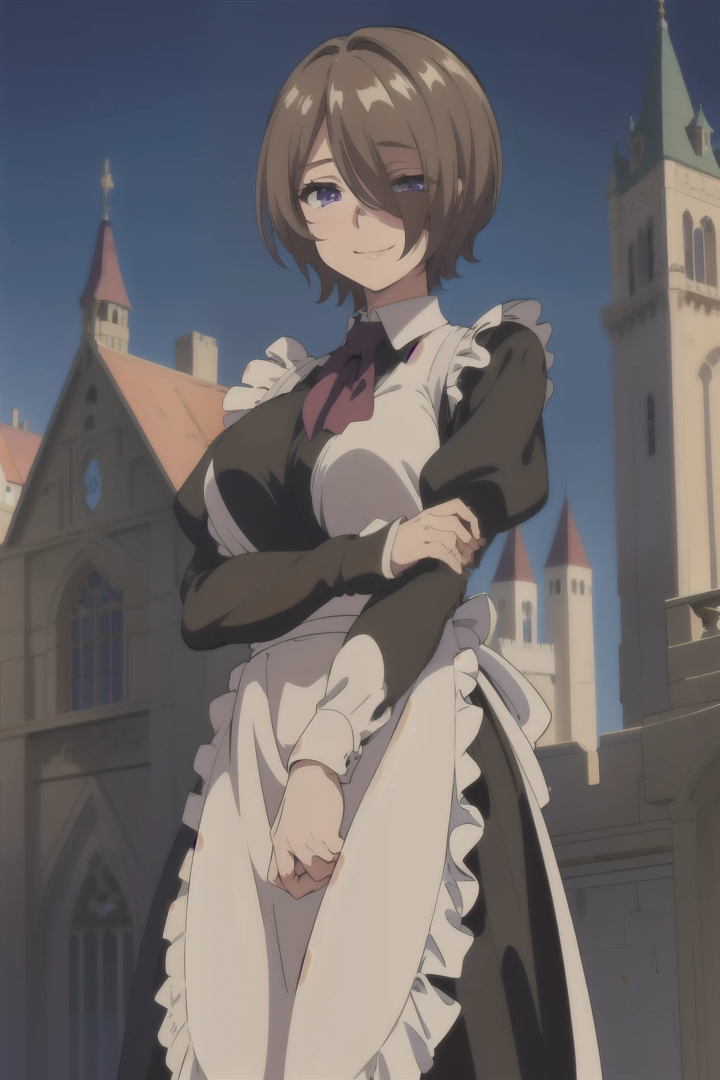 masterpiece,best quality,1girl,breasts,short hair, brown hair,light brown hair,purple eyes, hair over one eye, maid uniform, smile, outdoor, castle, mediaval background, disheveled strand hair.