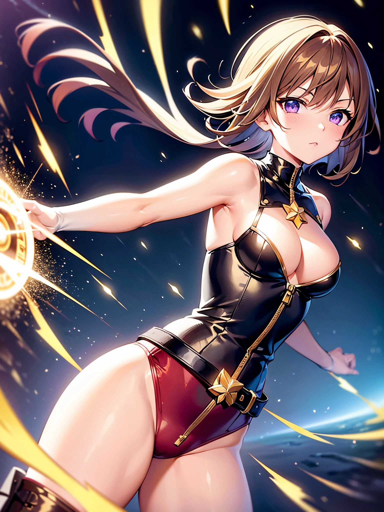 masterpiece, best quality, hyper detailed, ultra detailed, 1girl, medium breasts, leotard, white and red leotard, bare legs, ((tight belt, gold belt)), boots, matching boots, ankle boots, white boots, gloves, white gloves, solo, single, hands on hip, standing straight, full body shot, cowboy shot, superhero, beautiful detailed eyes, mature lady, ((gold star symbol on chest)), brown hair, short hair, bob hair, purple eyes, sleeveless, perfect anatomy, spread arms, spinning, spins fast in place like a tornado, twirling in place, tornado spinning, rapid gyration, space backdrop, motion blur, speed lines, spiral lines, tornado, time warp, spinning energy pulse, light particles, spinning energy pulse, light particles. serious