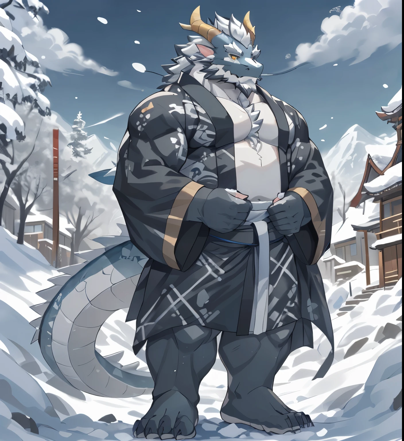 (black skin oriental dragon),(Black and White Yin Yang Shogun Naked Breasts Kimono),Strong stance,stand calmly,(The background is a city covered in ice and snow:1.2),abdomen ,heroic posture valiant,perfect masterpiece,Various facial details,distance perspective,specific description,masterpiece,CG,(golden eyes),black and white pattern,dark purple tail,General,heroic posture,dragon,black and white fur,specific facial details,Half body,(Chang Ling),((middle aged)),(Face focus),(16K),HD,black and white belly,temple,beard,(Noodles),different students,(Black and white yin and yang nude kimono),(black and white hair),Strong,muscle,(High resolution:1.3),(Standing in front of the snow-covered city),(close up),(Detailed face:1.5),Perfect details,(Half body),(Detailed depiction of face:1.5),(Zoom in on face:1.5),(White Noodles:1.2),(black beard:1.3),(white face;1.6),white body，Dense chest hair，dense abdomen hair，naked abdomen，Naked breasts，Fat body