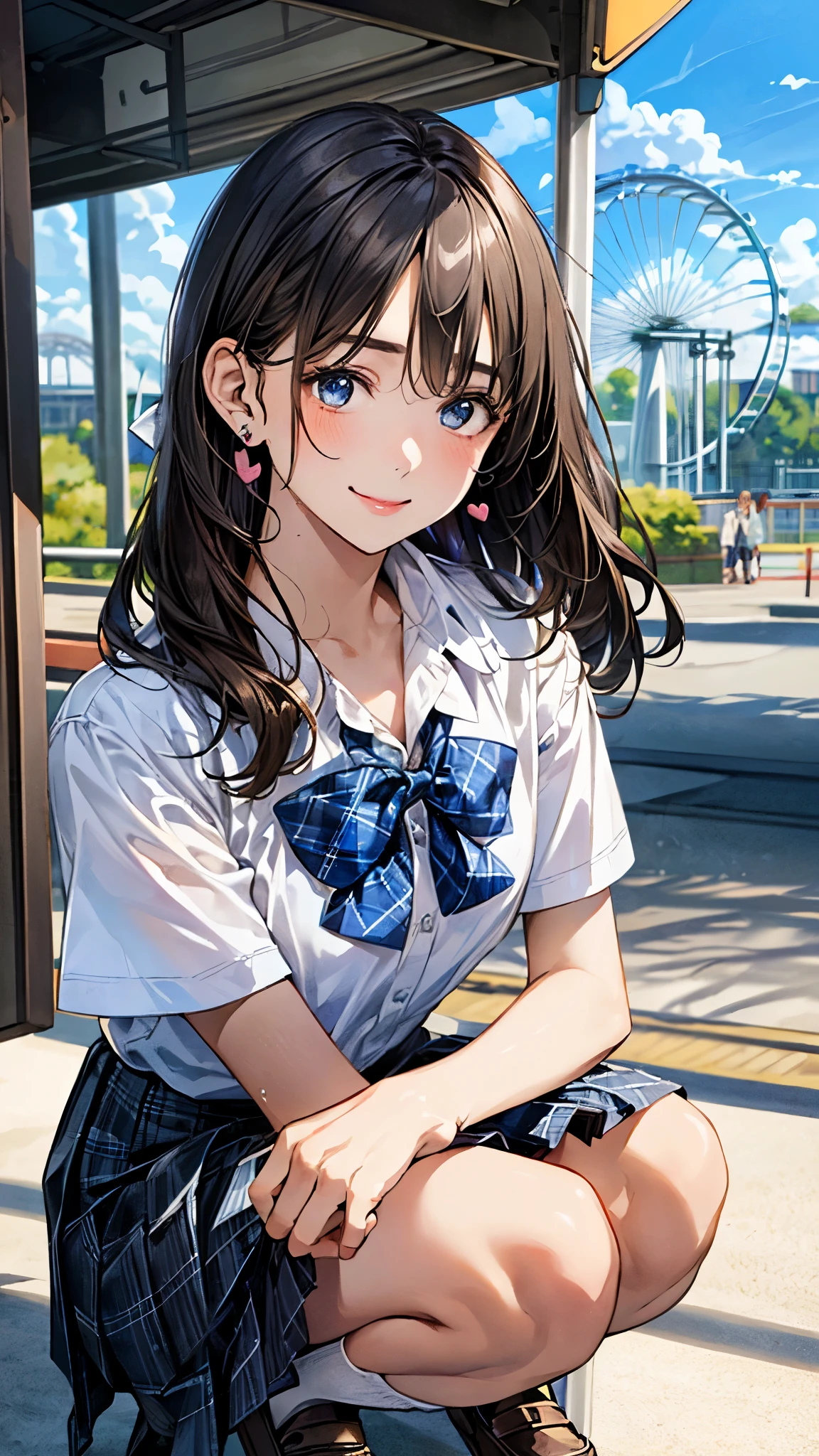 (masterpiece:1.2, top-quality), (realistic, photorealistic:1.4), beautiful illustration, (natural side lighting, movie lighting), 
looking at viewer, full body, front view:0.6, 1 girl, japanese, high school girl, perfect face, cute and symmetrical face, , shiny skin, 
(middle hair:1.2, two side up:1.2, light brown hair), crossed bangs, blue eyes, long eye lasher, (middle breasts), 
beautiful hair, beautiful face, beautiful detailed eyes, beautiful clavicle, beautiful body, beautiful chest, beautiful thigh, beautiful legs, beautiful fingers, 
((short sleeve white collared shirt, blue plaid pleated skirt, blue bow tie, black hair ribbon), wrist chouchou, heart earrings), 
(beautiful scenery), amusement park, go-round, ferris wheel, (squatting, skirt hold), (lovely smile, upper eyes), 