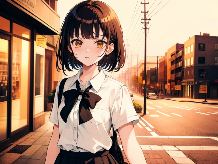 ((((Troubled face)))),(((Long shot, taken from the front, 1 girl, white , black skirt, short bob, brown hair, golden eyes, 14 years old, short height, city girl))), ((On the way home from school)), ((Uniform)), (Masterpiece), (High resolution), (Top quality), (Super delicate), ((Line drawing manga style)), Wallpaper, Manga style illustration, Painting style, heartwarming synopsis, ((youth)), (((student))), (unique atmosphere), unique world view, unique atmosphere, school life, youth town, (masterpiece), (high resolution), (highest quality), (super delicate), line drawing manga style, comic style illustration, how to draw, warm outline color, (clear), (obvious)