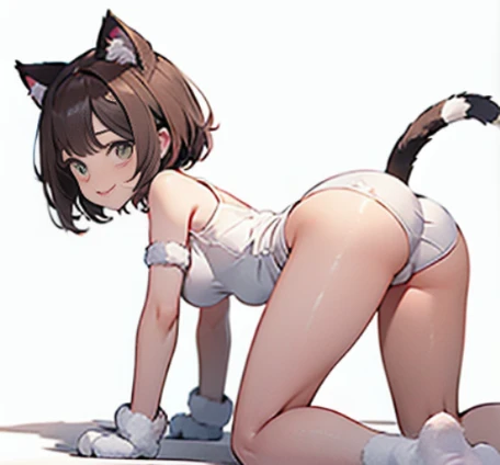 (Melhor qualidade,4K,8k,high resolution,mesa:1.2),ultra-detalhado,animal ears, brown hair, white and green cat ears, big eyes, big green eyes, (long white cat tail), ((puffy cat paw gloves)), fangs, short hair, ((shirt tank top with wide short arms sleeves)), bare shoulder, bare arms , small underwear,on the knees, human feet, smiling, mouth open,on the knees,butt cheek,1girl,23 years old,full body,(solo),(big butt),(show side breasts),(simple bright white background),allfours side_view, small breasts, perfect breasts format